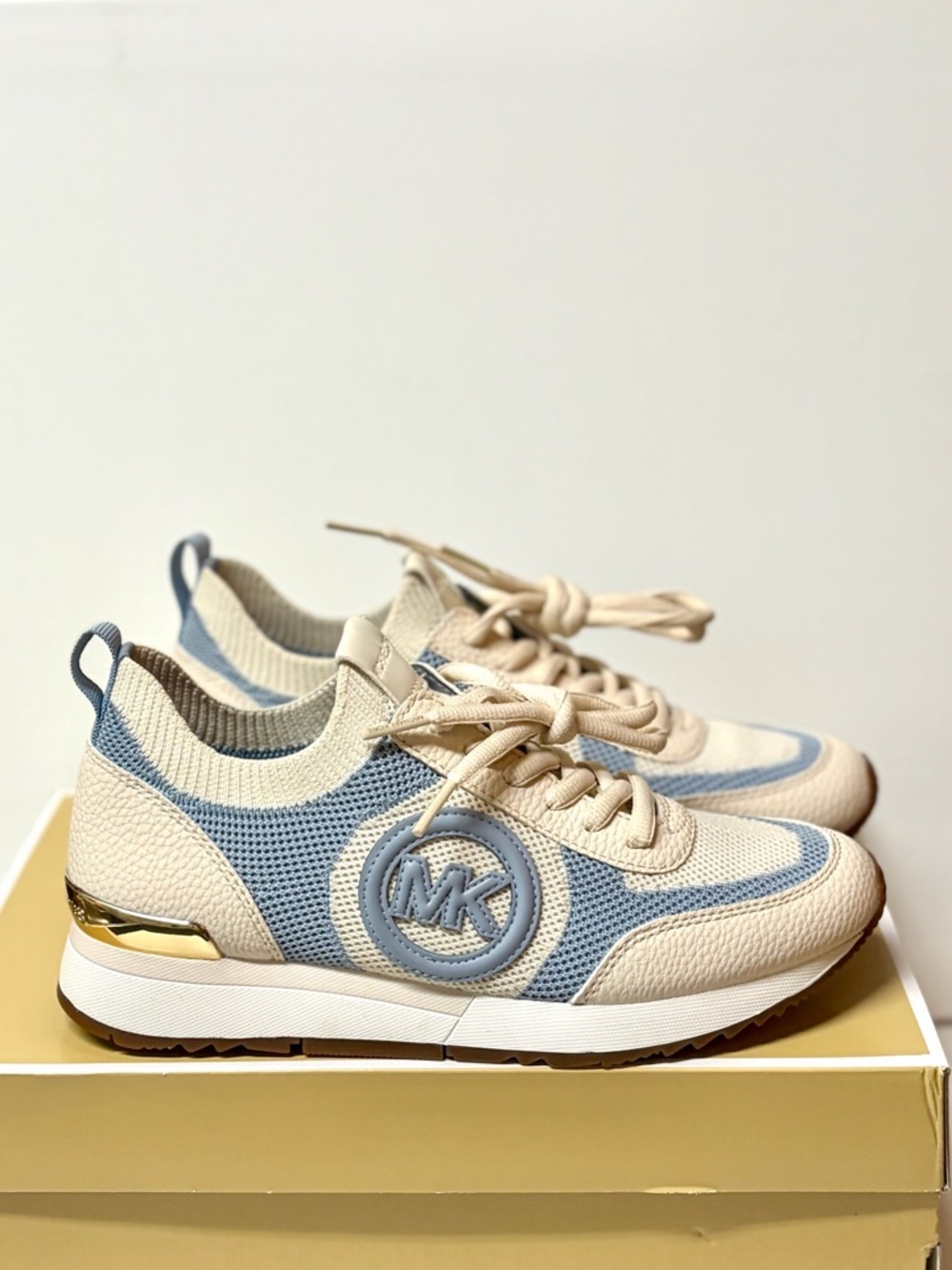 Michael Kors Cream and Light Blue Mesh Logo Sneakers Size 6